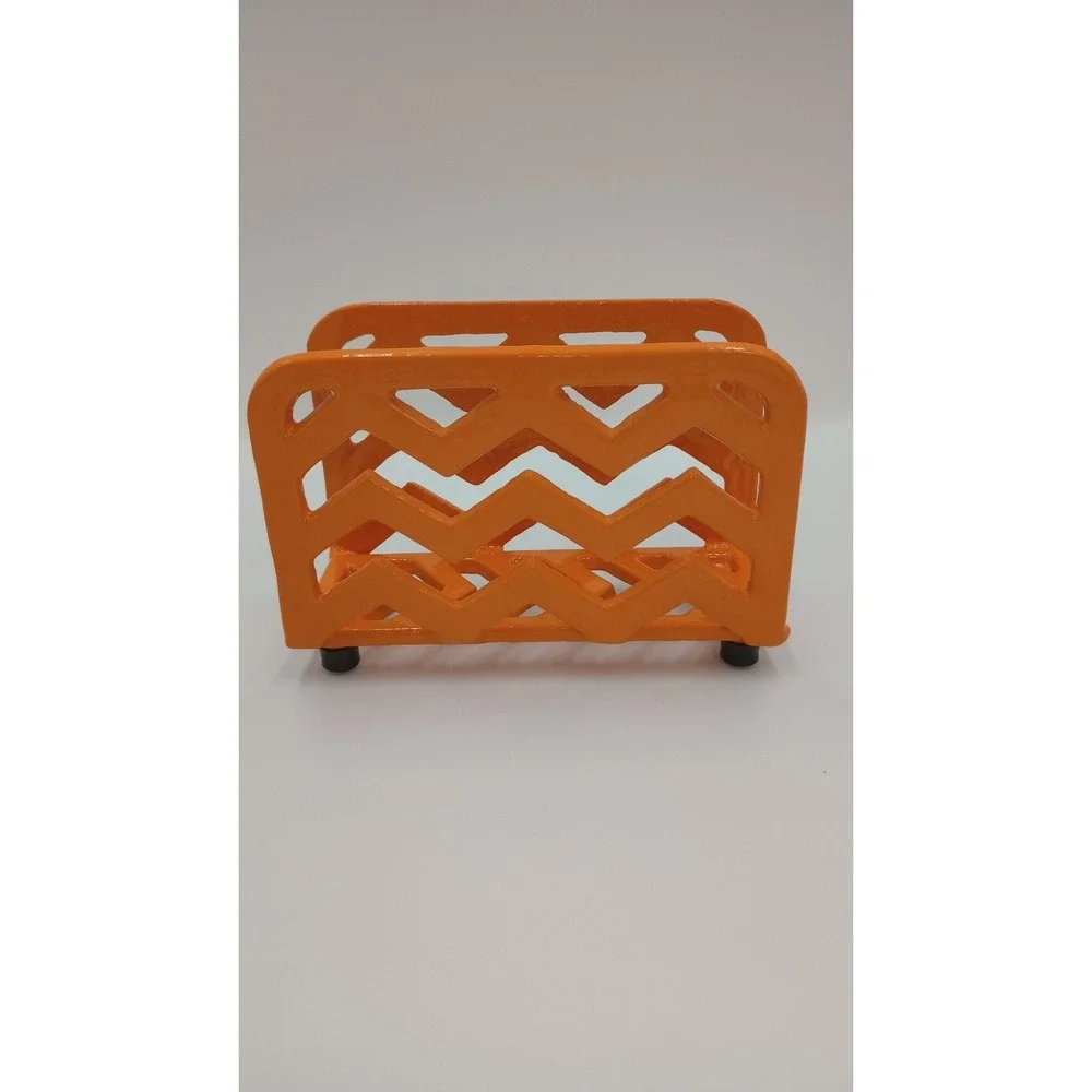 Vintage Orange Cast Iron Napkin Holder Sturdy/Weighted Chevron Pattern RETRO